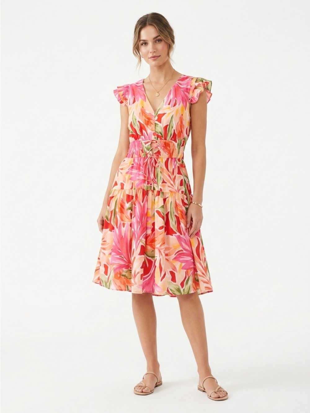 Vince Camuto Mini Dress Smocked Tiered Tropical Floral Pink Orange Size 6